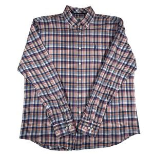 Johnnie-O Hangin Out Mens XL Plaid Button Down Shirt Navy Red Orange Long Sleeve